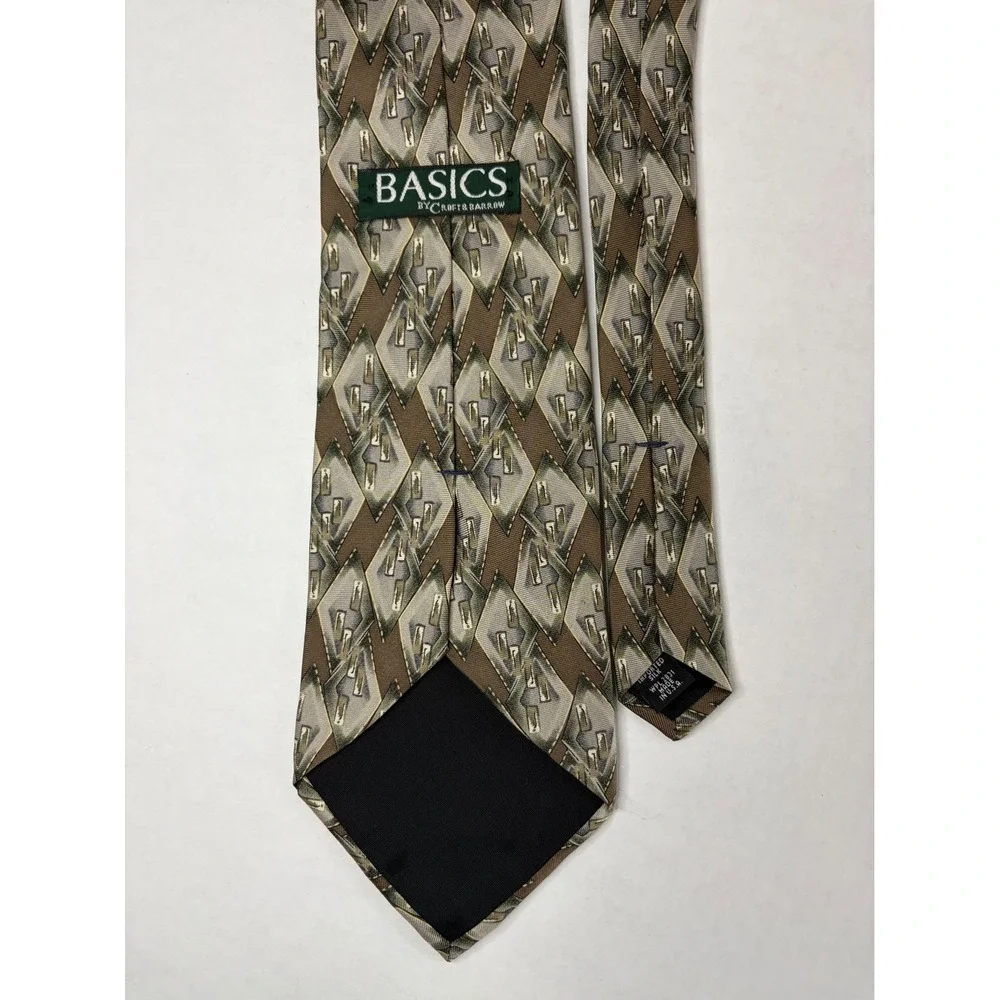 Basics By Croft & Barrow Mens 100% Silk Tie Brown Tan Gray Geometric Diamond USA